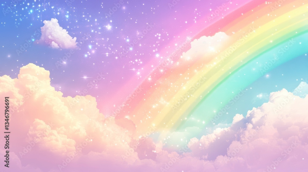 Poster pastel rainbow arch in a dreamy sky with fluffy clouds and sparkling dust.