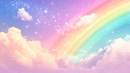 Pastel rainbow arch in a dreamy sky with fluffy clouds and sparkling dust.