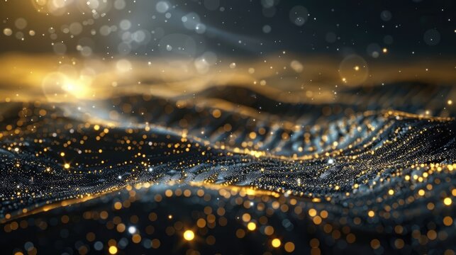 Abstract AI-generated video background with waves, flashes, shine. Wave of dots and weave lines. Network connection structure.