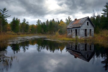 Obraz premium Within this secluded area forsaken house and untamed marsh oppose boldly showcasing divide of human legacy and wild terrain while igniting a strong sense of frozen time 