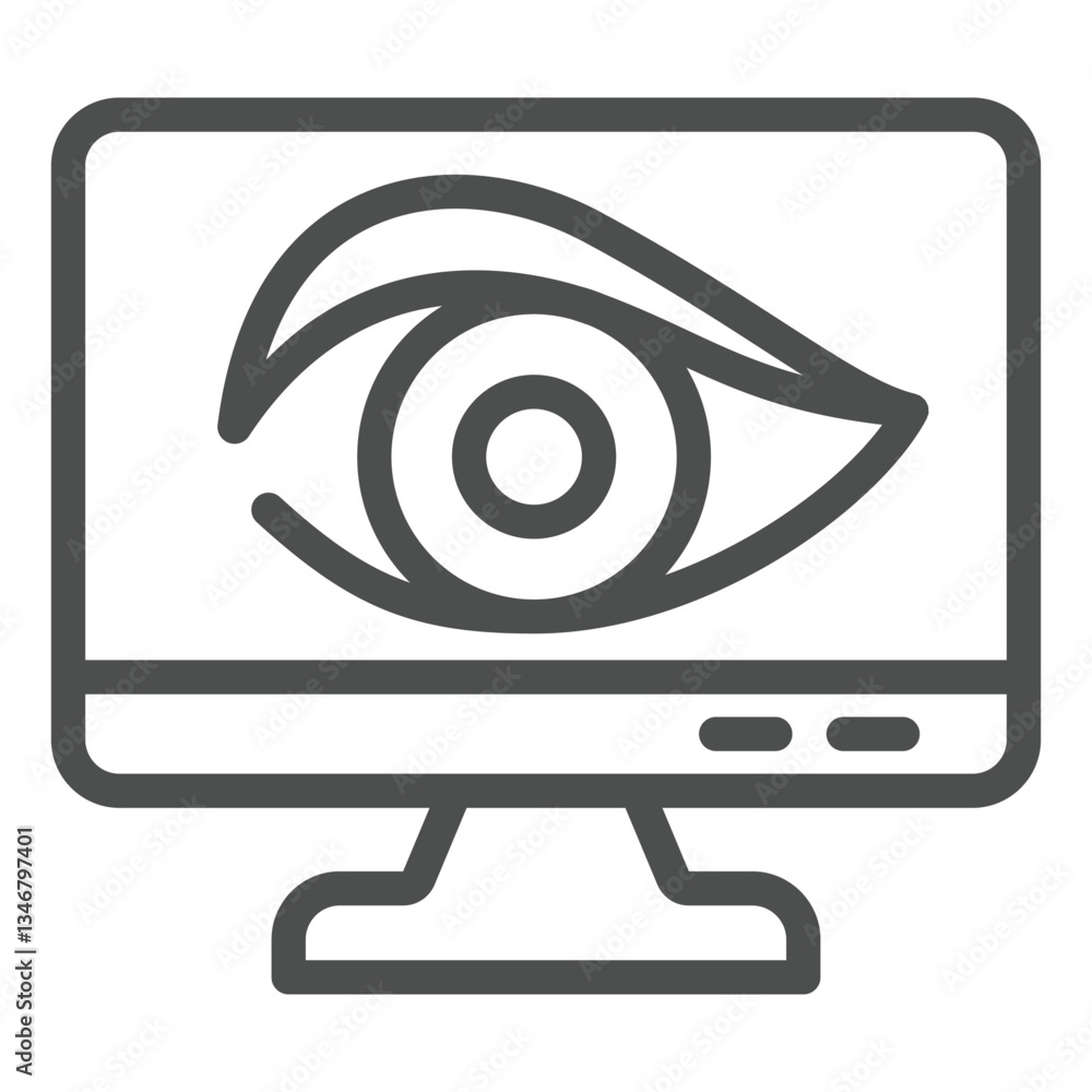 Poster monitor screen with human eye line icon, hacker attacks concept. vector graphics. display and antivi