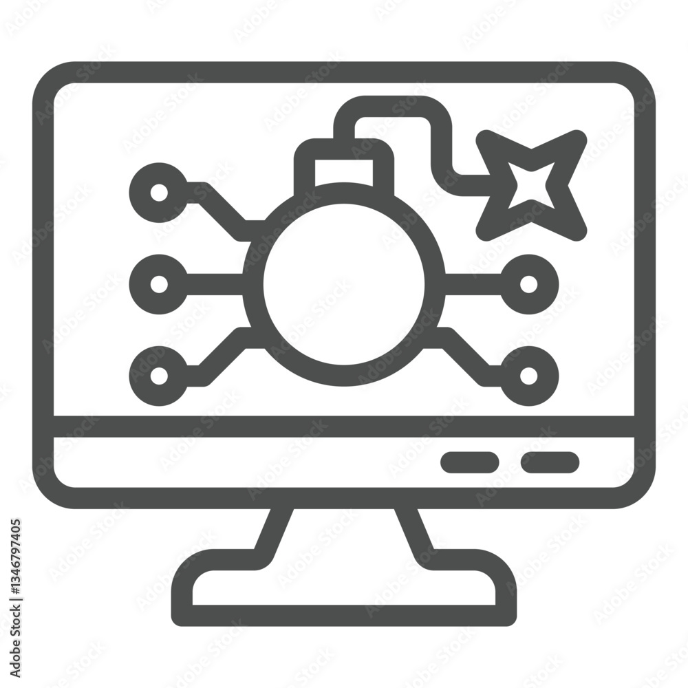 Poster monitor screen with bomb line icon, hacker attacks concept. vector graphics. bomb burning wick on di