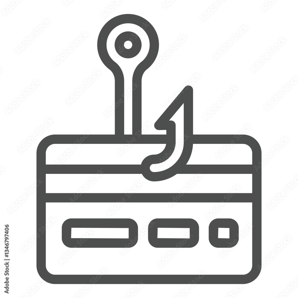 Poster credit card with hook line icon, hacker attacks concept. vector graphics. unsecure fraud trick payme