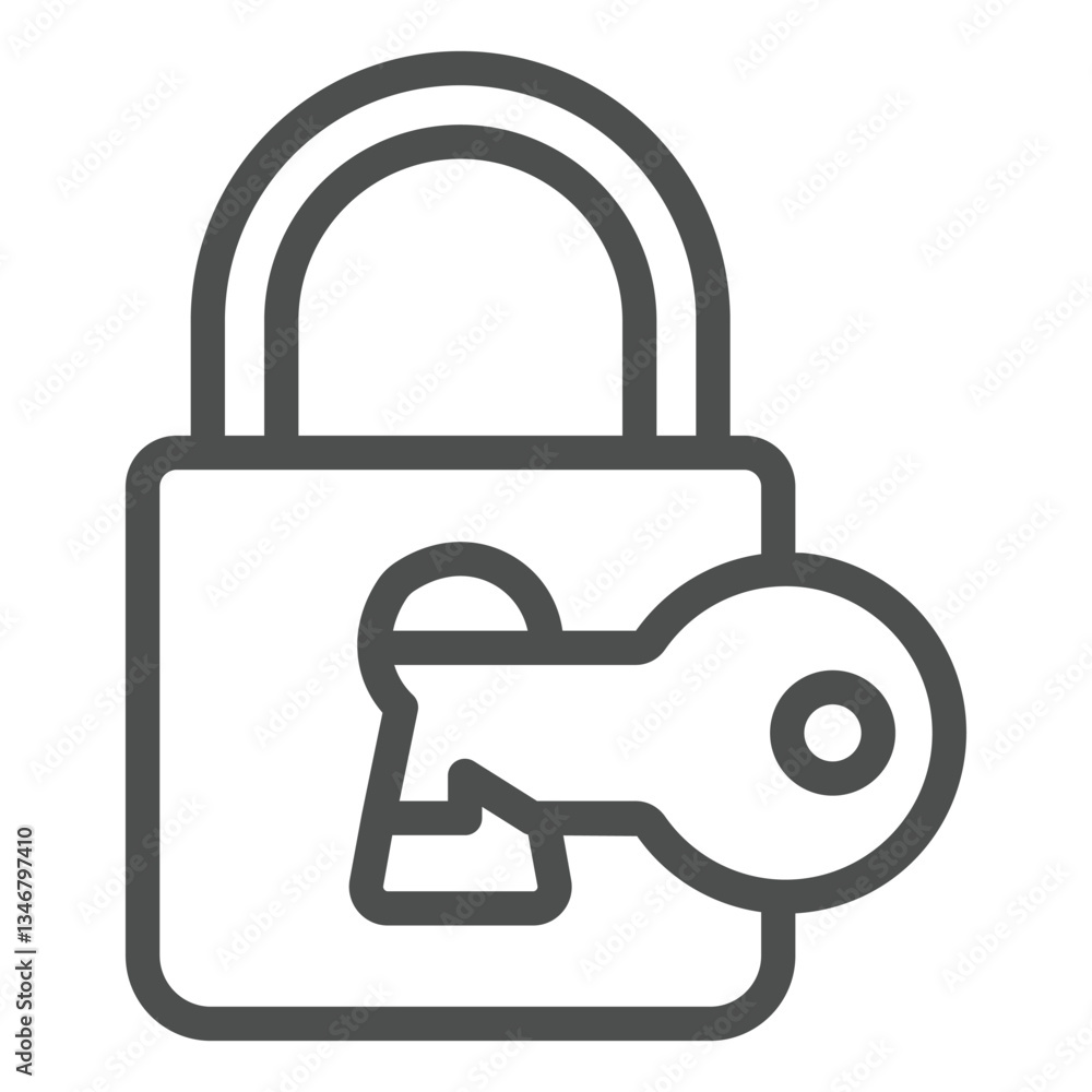 Poster lock with key in keyhole line icon, hacker attacks concept. vector graphics. unlocking lock, protect