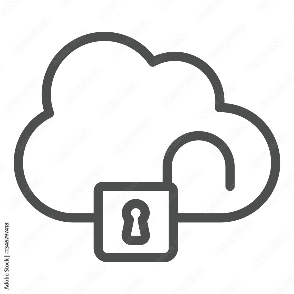 Poster unsecure cloud storage line icon, hacker attacks concept. vector graphics. cloud with unlocked lock 