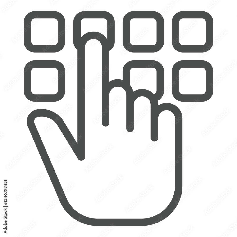 Fototapete Hand pointer with buttons line icon, hacker attacks concept. Vector graphics. Pin code button push and hand finger sign on white background, outline style icon for mobile or web design.