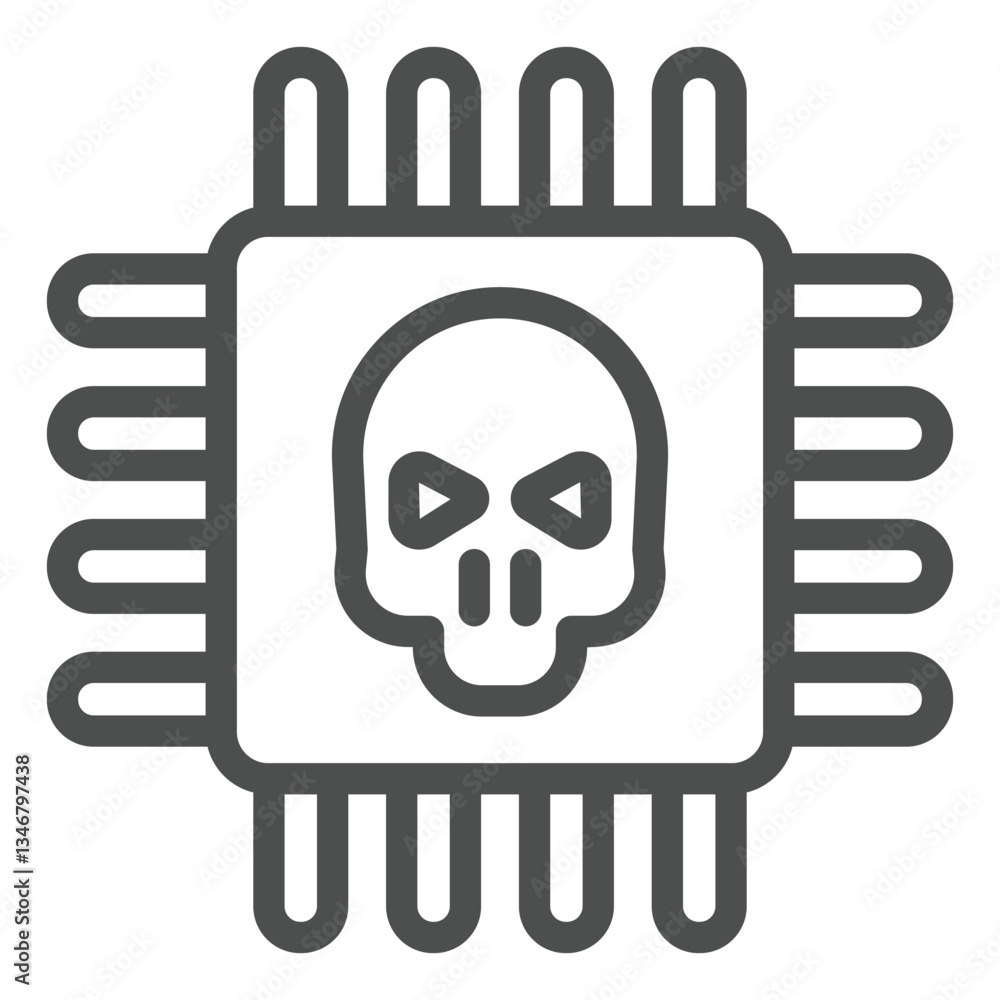 Fototapete Microchip with skull line icon, hacker attacks concept. Vector graphics. Processor with hacker exploit tool, hardware sign on white background, outline style icon for mobile or web design.