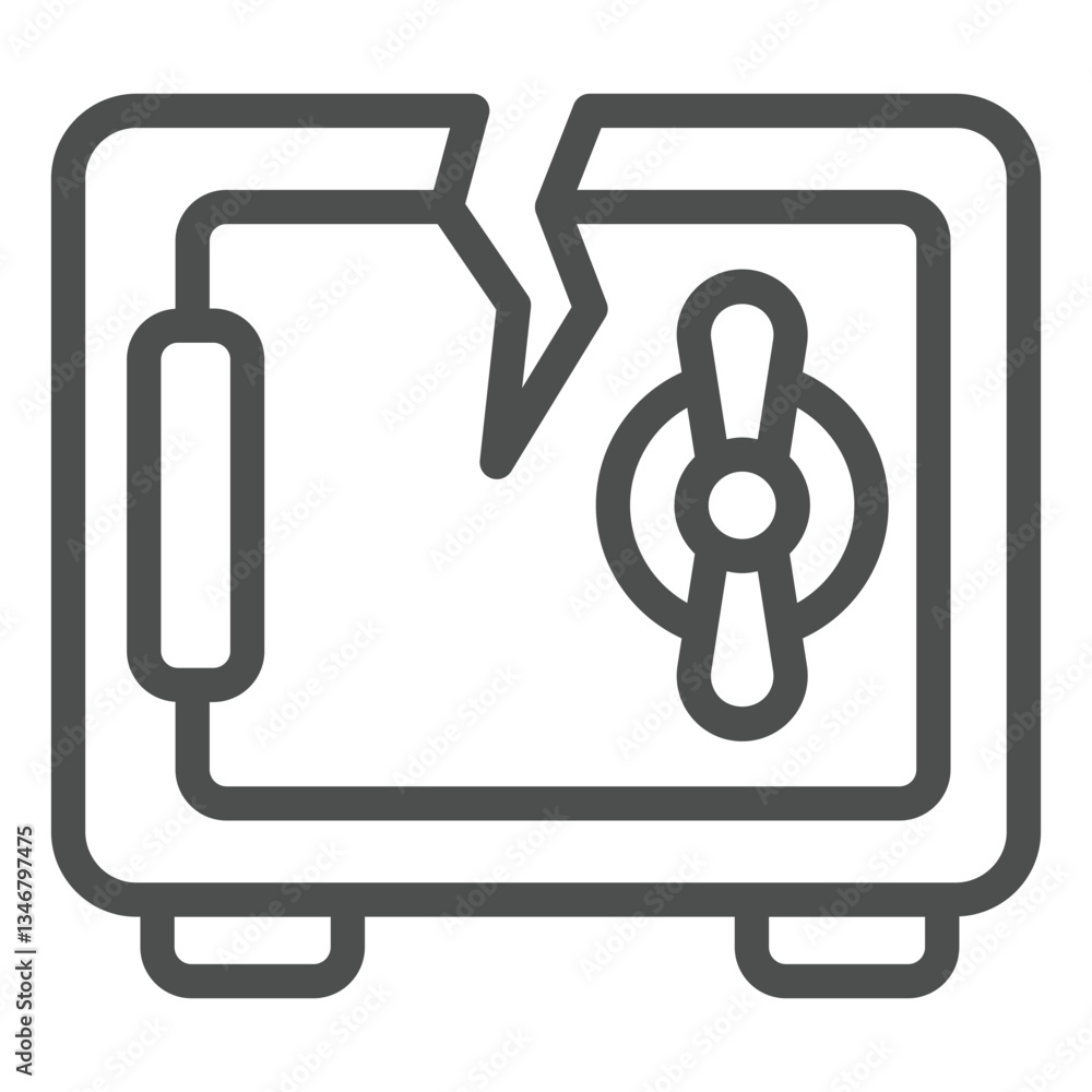 Poster unsecure metal safe with crack line icon, hacker attacks concept. vector graphics. safe bank vault w