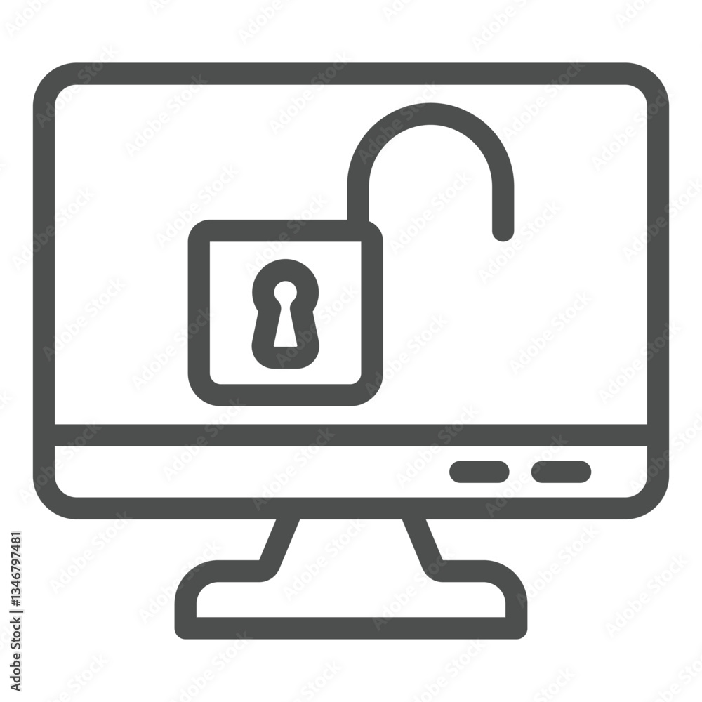 Fototapete Monitor with unlocked lock line icon, hacker attacks concept. Vector graphics. Display unlocked, screen protection sign on white background, outline style icon for mobile or web design.
