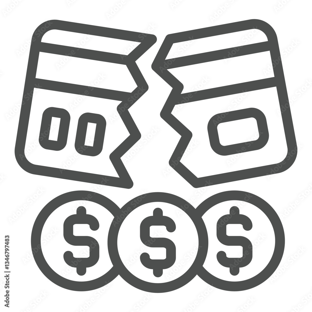Poster broken bank card with coins line icon, hacker attacks concept. vector graphics. cracked credit card 