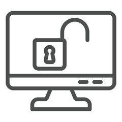 Monitor with unlocked lock line icon, hacker attacks concept. Vector graphics. Display unlocked, screen protection sign on white background, outline style icon for mobile or web design.