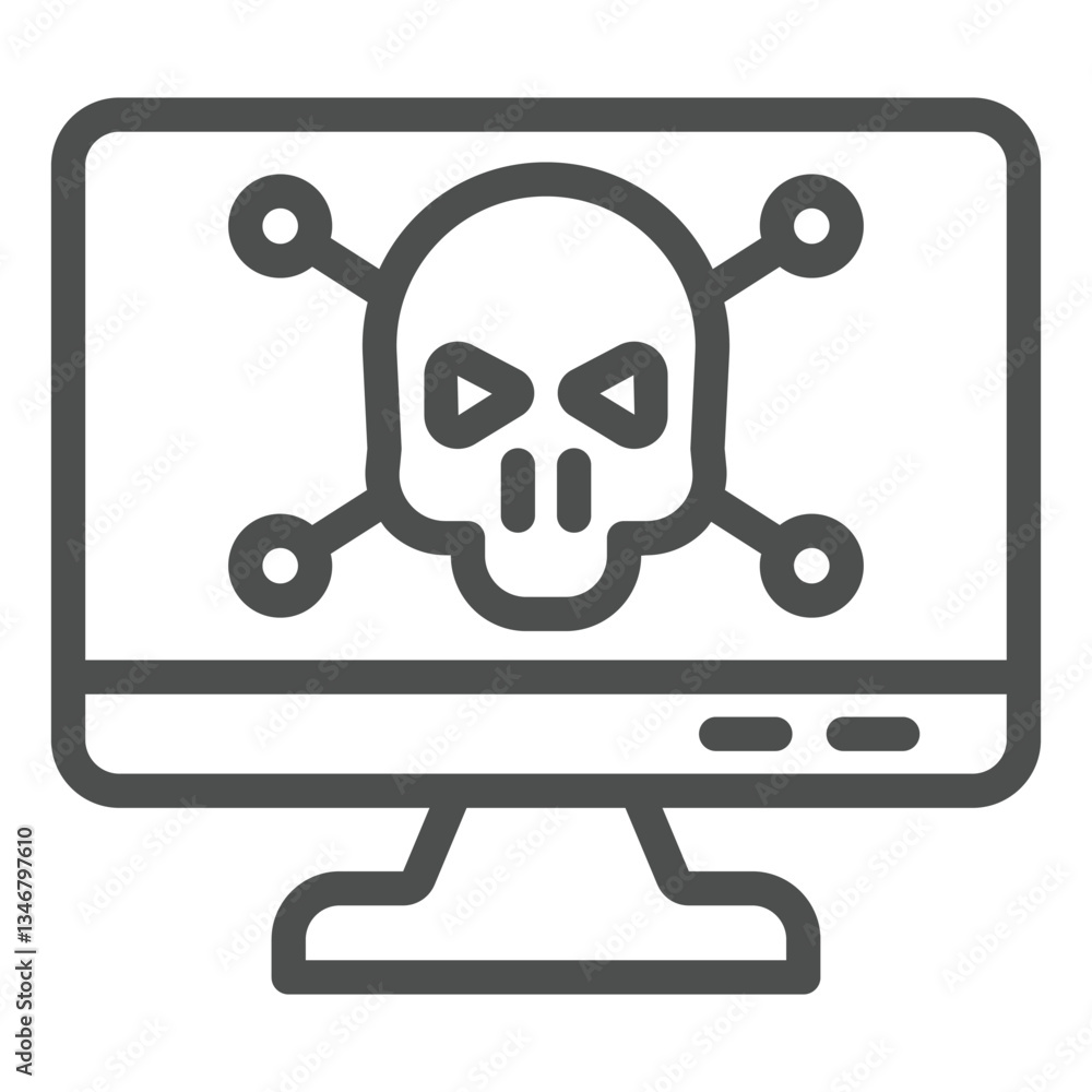 Poster monitor with skull and bones line icon, hacker attacks concept. vector graphics. infected by virus, 