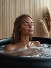 Naklejka premium Woman in tranquil bath soaking in a sleek black tub surrounded by natural wood, exhibiting calm determination in serene atmosphere