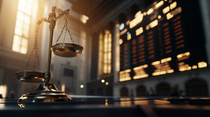 Close-up of a gavel and balance scale, bathed in soft golden light, with a stock exchange ticker board subtly visible behind them.