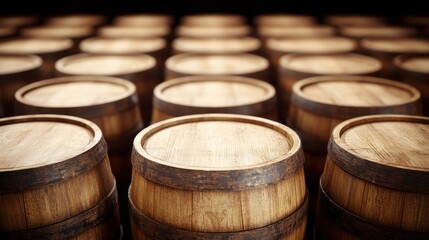 Fototapeta premium Row of wooden barrels, aged oak barrels filled with liquid, rustic storage, ideal for beverage aging or culinary themes.