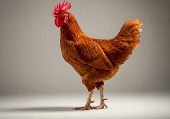 A bright red feathered chicken stands gracefully on a clean white background. Suitable for farm, poultry or organic food themes. High quality stock image for various creative purposes.