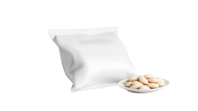 Blank White Package Mockup with Creamy Snack Pellets on white and transparent Background	
