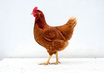 A bright red feathered chicken stands gracefully on a clean white background. Suitable for farm, poultry or organic food themes. High quality stock image for various creative purposes.