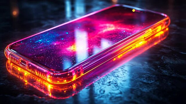 Futuristic neon mobile phone with glowing lights and vibrant patterns in a dark space