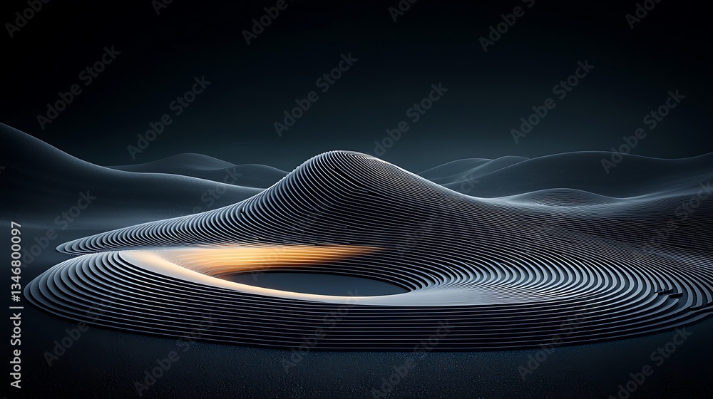 Poster abstract landscape with sculpted forms and glowing center