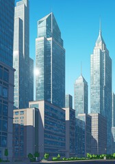 Fototapeta premium Impressive cartoon cityscape with tall buildings. Modern city skyscrapers and urban architecture background for real estate website, blog. Banner for architectural bureau. Downtown business district.
