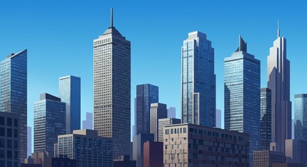 Fototapeta premium Impressive cartoon cityscape with tall buildings. Modern city skyscrapers and urban architecture background for real estate website, blog. Banner for architectural bureau. Downtown business district.