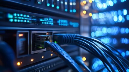 Server room cables connected to network equipment