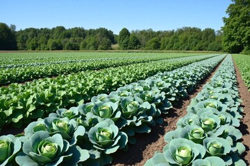 Fototapeta premium field of green cabbage growing in the middle of a field
