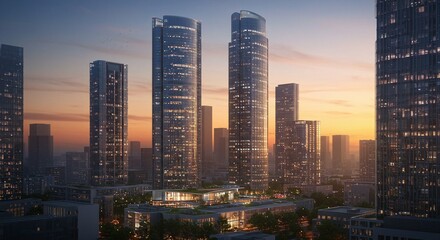 Obraz premium Modern skyscrapers at sunset. Residential architecture design for urban development. Property and real estate investment. Cityscape panorama with tall buildings. Architecture in the evening background