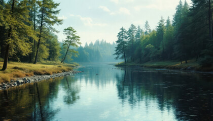 Fototapeta premium Serene River Reflection in Misty Forest