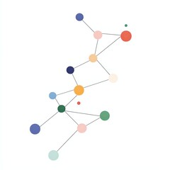 Abstract network design with colorful dots and connecting lines on a white background.