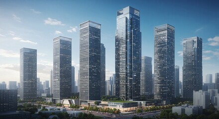 Impressive cartoon cityscape with tall buildings. Modern city skyscrapers and urban architecture background for real estate website, blog. Banner for architectural bureau. Downtown business district.