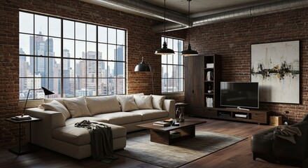 Naklejka premium Living room interior with sofa against brick wall and city view. Modern apartment with stylish furniture for real estate advertisement. Urban dwelling and home decor.