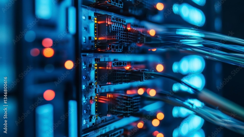Poster close-up of server rack with fiber optic cables and network connections in a data center.