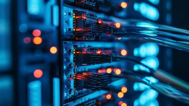 Close-up of server rack with fiber optic cables and network connections in a data center. - Powered by Adobe