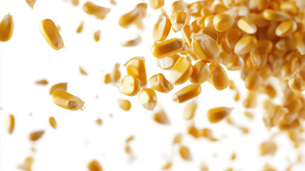 Flying Delicious Corn Seeds – A Dynamic Scene of Floating, Freshly Cut Corn Kernels, Captured in Mid-Air Against