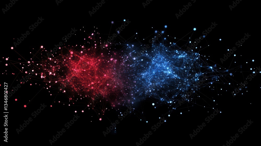 Poster abstract red and blue glowing particle design.