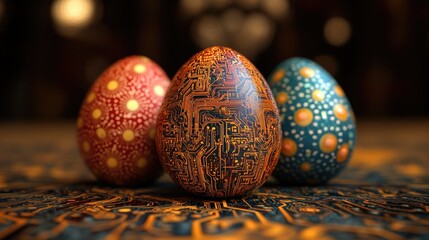 Intricate robotic circuitry easter eggs on ornate surface. Easter, Pascha, Paskha, Ostern, Pascua, Paques - Orthodox and Catholic Holiday celebration