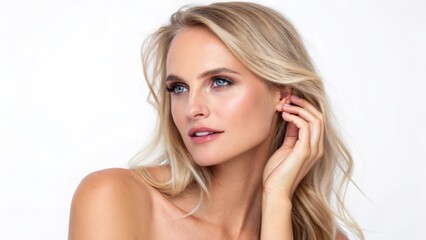 Fototapeta premium Elegant Female Portrait with Radiant Skin and Soft Hair Set Against a Neutral Background