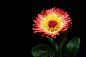 Photo of a single red and yellow Bellis perennis flower with dark green leaves on a black background.