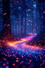 Mystical forest pathway illuminated by magical glowing particles at twilight in a serene woodland setting