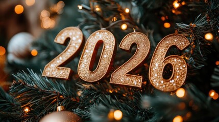Sparkling 2026 numbers on christmas tree with festive lights. Happy New Year 2026