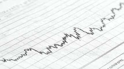 Close-up of a financial graph illustrating fluctuating stock market trends on a sheet of paper with a light background.