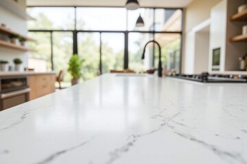 white marble counter top in a kitchen with a blurred background