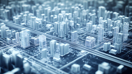 Cityscape Blueprint: A stunning blueprint-style illustration of a modern cityscape, showcasing a network of towering buildings and infrastructure, symbolizing innovation and urban development.