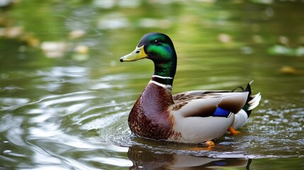 A beautiful male duck gracefully floats on serene water