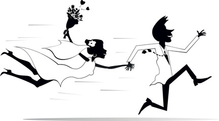 Married wedding couple running holding hands. 
Happy lovers characters. Happy running bridegroom holding hand of flying bride. Black and white illustration
