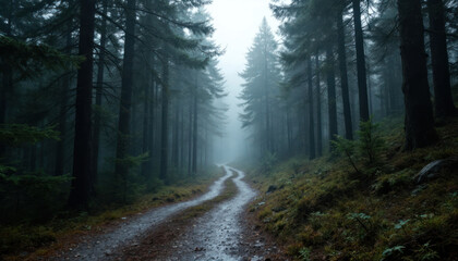 Fototapeta premium Enigmatic Forest Path: A Misty, Mysterious Journey