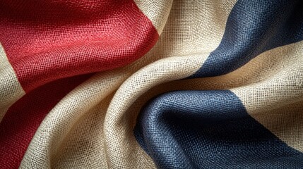 Fototapeta premium Textured fabric with red, blue, and cream stripes
