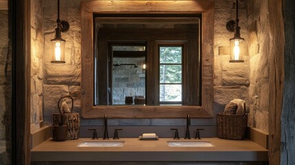 Cozy Rustic Bathroom with Stone Walls and Modern Lighting Decor